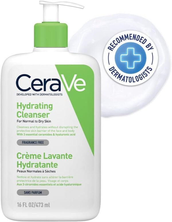 CeraVe Hydrating Cleanser | Face and Body Wash for Normal to Dry skin with Hyaluronic Acid and Ceramides | Fragrance Free Paraben Free |16Oz, (Pack of 1), 473 ML