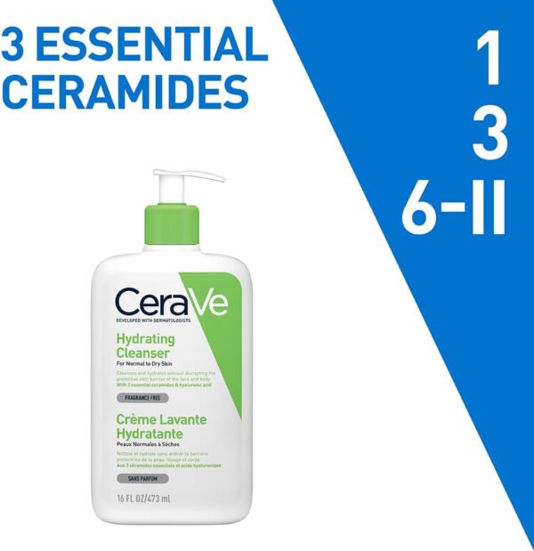CeraVe Hydrating Cleanser | Face and Body Wash for Normal to Dry skin with Hyaluronic Acid and Ceramides | Fragrance Free Paraben Free |16Oz, (Pack of 1), 473 ML - Image 4