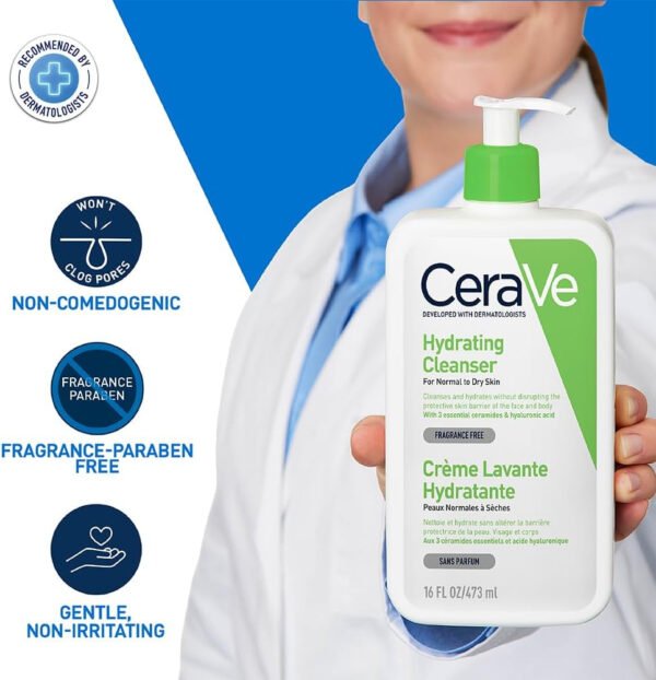 CeraVe Hydrating Cleanser | Face and Body Wash for Normal to Dry skin with Hyaluronic Acid and Ceramides | Fragrance Free Paraben Free |16Oz, (Pack of 1), 473 ML - Image 5