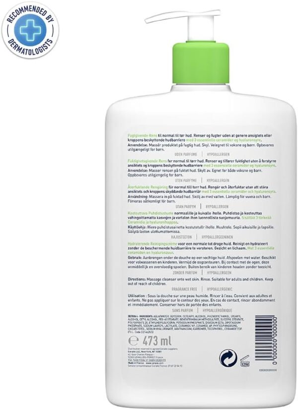 CeraVe Hydrating Cleanser | Face and Body Wash for Normal to Dry skin with Hyaluronic Acid and Ceramides | Fragrance Free Paraben Free |16Oz, (Pack of 1), 473 ML - Image 2