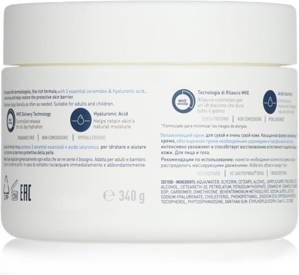 CeraVe Moisturizing Cream | 48H Body and Face Moisturizer for Dry to Very Dry Skin with Hyaluronic Acid and Ceramides | Fragrance Free | 12Oz, 340 g - Image 3