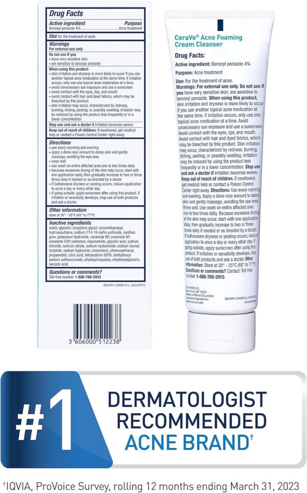 CeraVe Acne Foaming Cream Cleanser, 5 Fl Oz (Pack of 1), Packaging may Vary - Image 6